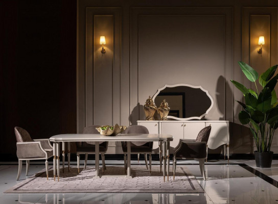 Ensemble repas, dinette. Table à manger Chaises 9 pièces Salle à manger Beige Bois Buffet