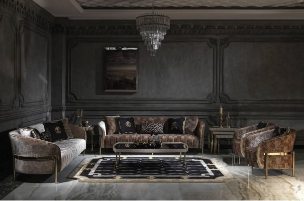 Grand ensemble de canapé suite trois places fauteuil beige en tissu tables 5 pièces