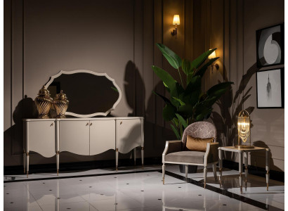 Salon Ensemble de 4 pièces Fauteuil Table d'appoint Buffet Miroir Beige
