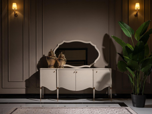 Salon Ensemble de 4 pièces Fauteuil Table d'appoint Buffet Miroir Beige