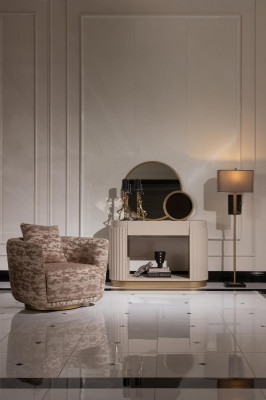 Suite Salon Fauteuil Commode Miroir Tissu Beige Bois Détente 3 pièces