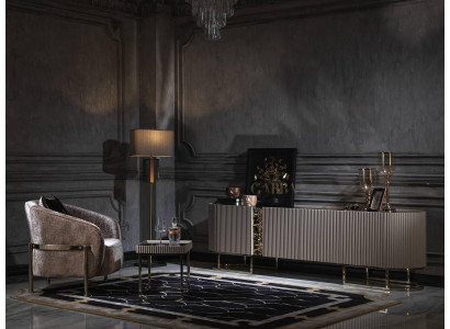 Groupe Fauteuil de salon Table d'appoint Beige Tissu Support TV Ensemble 3 pièces