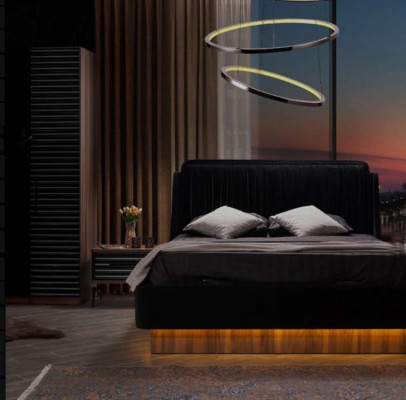 Ensemble de chambre brun-noir complet avec lit double et 2 tables de chevet.