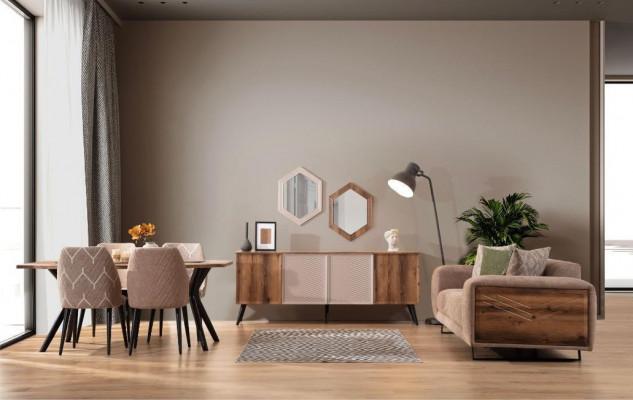 Mobilier de salle à manger moderne Beige Table à manger 3 places de luxe 4 chaises Miroir