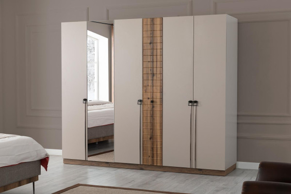 Chambre Suite moderne Textile Lit double Bois Armoire 4 pièces