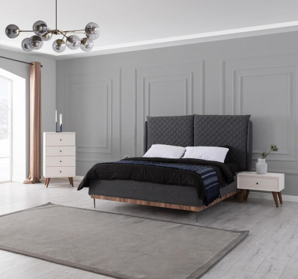 Chambre à coucher grise et blanche Lit Tables de chevet Commode à 4 tiroirs