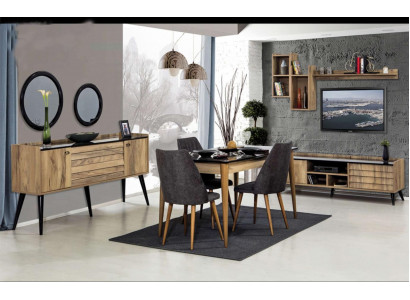 Noir - Ensemble de salle à manger Brun Table à manger 4 chaises Bahut Miroir 8 pièces