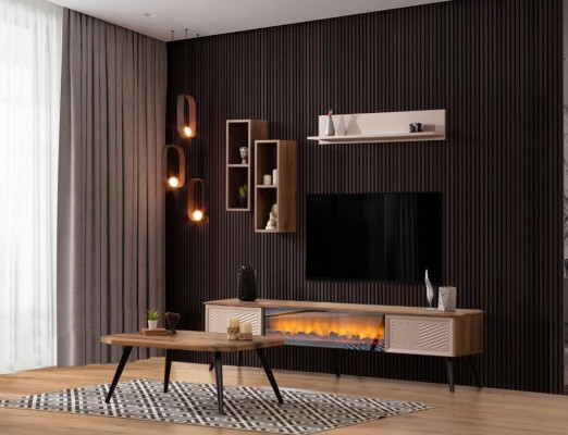 Elegant Unité murale de salon Cabinet TV design en bois Table basse 2x étagères