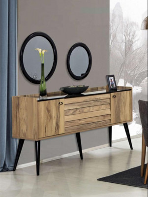 Ensemble de meubles de salle à manger de designer Buffet en bois brun clair avec miroir en verre