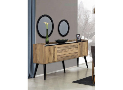 Ensemble de meubles de salle à manger de designer Buffet en bois brun clair avec miroir en verre