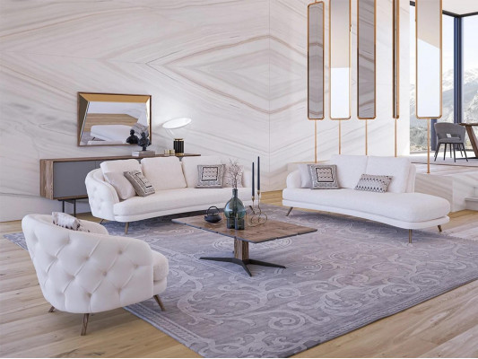 Ensemble de salon rembourré blanc 4 pièces moderne avec 2 canapés trois places et fauteuil design.