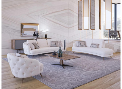 Ensemble de salon rembourré blanc 4 pièces moderne avec 2 canapés trois places et fauteuil design.