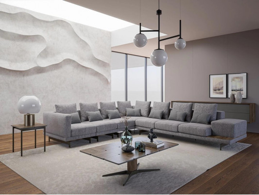 Luxus-Set Wohnzimmer Textil-Gepolstertes Sofa L-Form Holz Couchtisch mit Beistelltisch