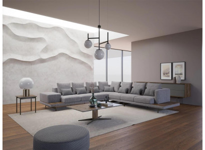 Ensemble de salon 3 pièces Canapé d'angle gris en L en bois Table basse Table d'appoint de designer