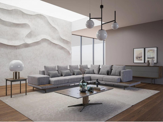 Canapé rembourré gris de luxe en forme de L table basse en bois avec table d'appoint Salon