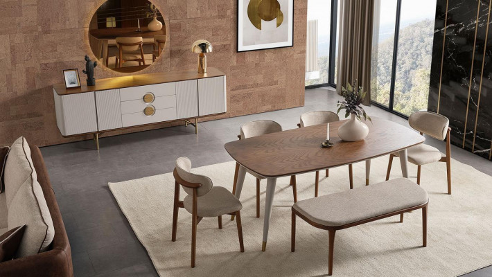 Parfait ensemble de salle à manger composé d'une table à manger, de 4 chaises, d'un miroir et d'un tabouret, pour un total de 8 pièces.