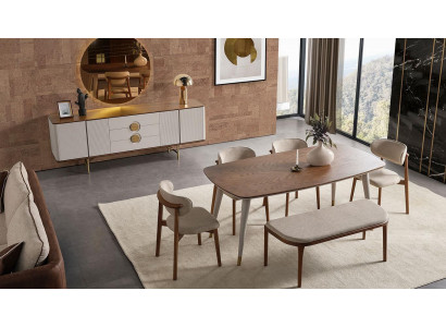 Parfait ensemble de salle à manger composé d'une table à manger, de 4 chaises, d'un miroir et d'un tabouret, pour un total de 8 pièces.