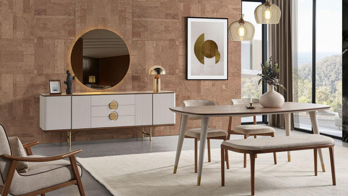 Parfait ensemble de salle à manger composé d'une table à manger, de 4 chaises, d'un miroir et d'un tabouret, pour un total de 8 pièces.