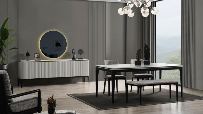 Ensemble de salle à manger 8 pièces. Table à manger 4 chaises miroir bahut tabouret couleur claire