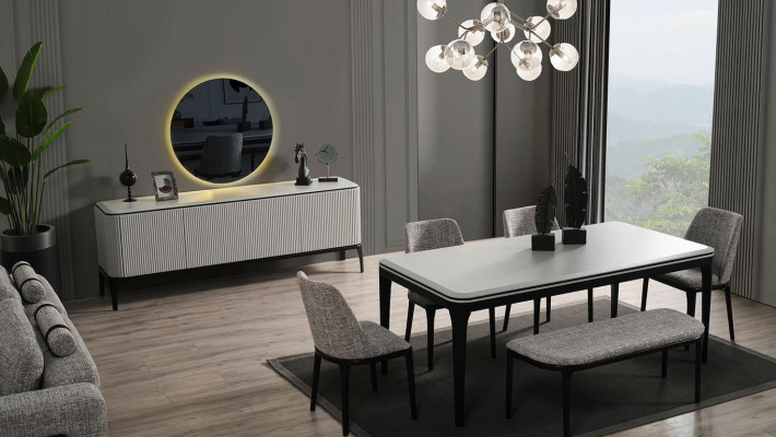 Ensemble de salle à manger 8 pièces. Table à manger 4 chaises miroir bahut tabouret couleur claire