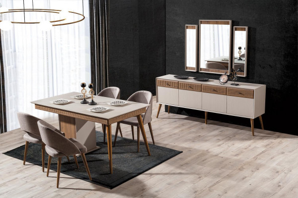 Ensemble de salle à manger design de 9 pièces Table à manger et 4x chaises Buffet avec 3x miroir