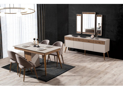 Ensemble de salle à manger design de 9 pièces Table à manger et 4x chaises Buffet avec 3x miroir