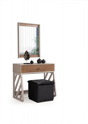 Ensemble de chambre moderne composé d'une coiffeuse avec miroir couleur beige.