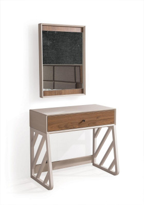 Ensemble de chambre moderne composé d'une coiffeuse avec miroir couleur beige.