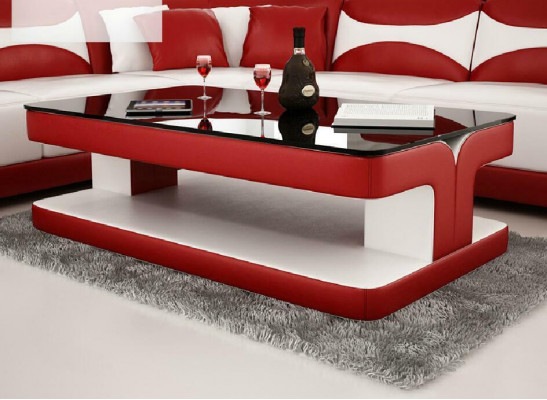 Table basse design en cuir pour salon avec canapé en verre, rembourrage.