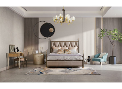 Lit Table de chevet Coiffeuse Ensemble de chambre à coucher 4 pièces Design Moderne Bois massif