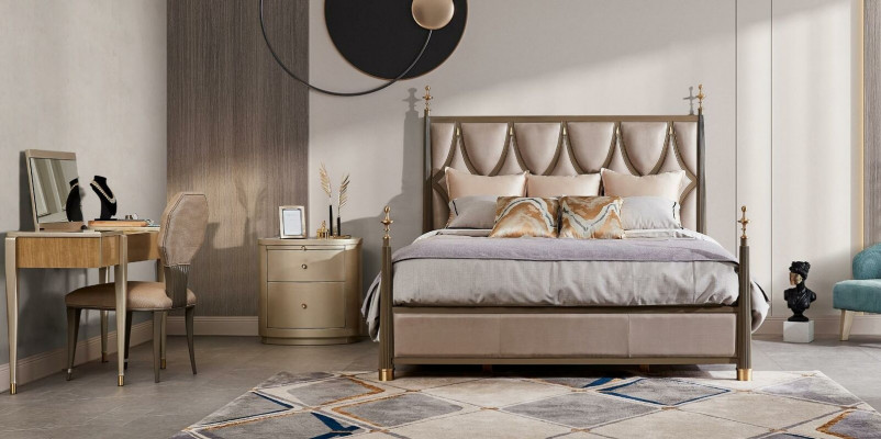 Lit Table de chevet Coiffeuse Ensemble de chambre à coucher 4 pièces Design Moderne Bois massif