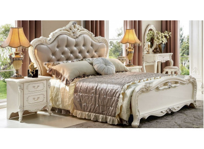 Lit Table de chevet 3 pièces. Ensemble de chambre à coucher Meubles Chesterfield Baroque Bois massif