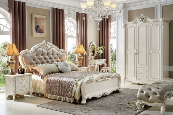 Lit Table de chevet 3 pièces. Ensemble de chambre à coucher Meubles Chesterfield Baroque Bois massif