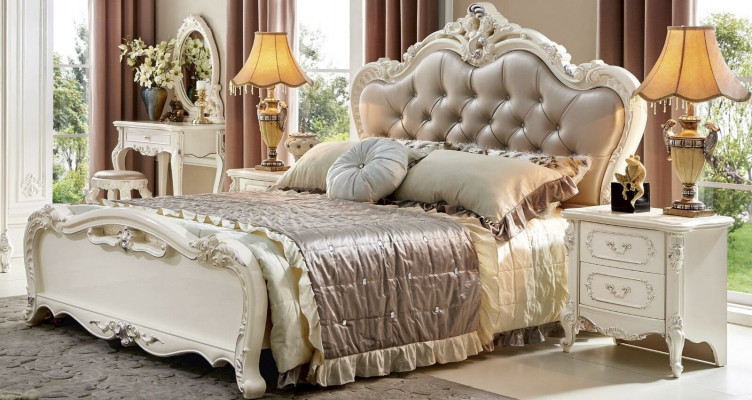 Lit Table de chevet 3 pièces. Ensemble de chambre à coucher Meubles Chesterfield Baroque Bois massif
