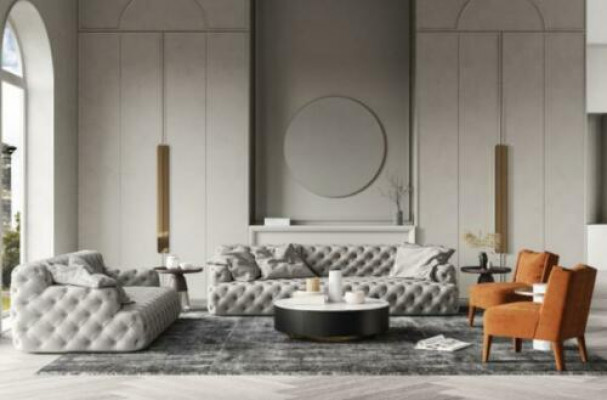 Canapé en cuir Chesterfield trois places, design relax, canapé lounge. Longueur de 234 cm.