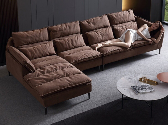 Salle de séjour Design Coin Textile Cuir Marron Luxe Canapé Sofa Tapissage en forme de L neuf