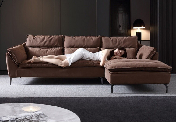 Salle de séjour Design Coin Textile Cuir Marron Luxe Canapé Sofa Tapissage en forme de L neuf