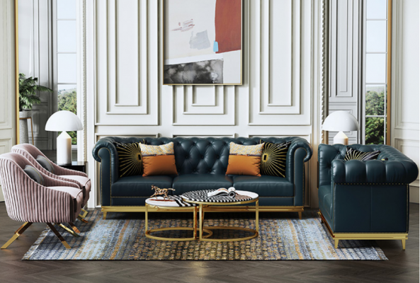 Bleu foncé et Chesterfield 3+2 ensemble de canapés Salon Canapés Canapés rembourrés