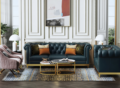 Bleu foncé et Chesterfield 3+2 ensemble de canapés Salon Canapés Canapés rembourrés