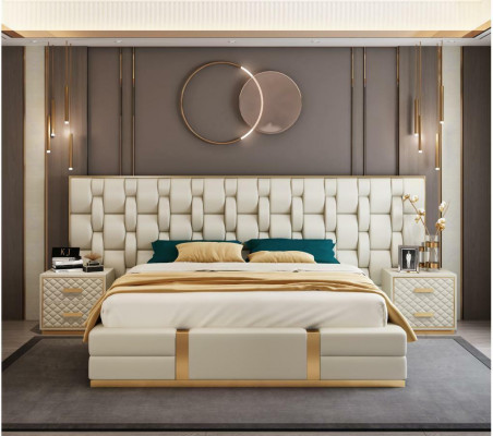 Acier inoxydable Lit de luxe en cuir métallique Lits hôtel Chesterfield 180x200