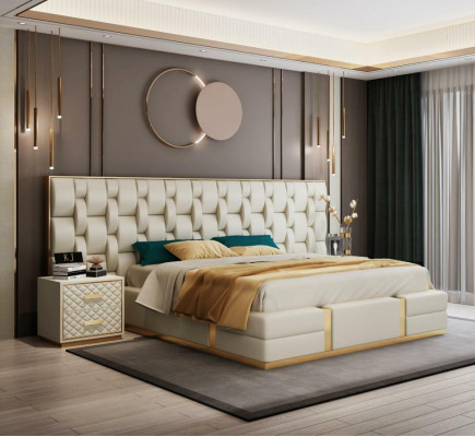 Acier inoxydable Lit de luxe en cuir métallique Lits hôtel Chesterfield 180x200