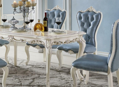 Bleu classique et chaises Chesterfield x4 Suite de style baroque Fauteuils en bois massif avec siège