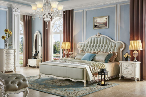 Lit rembourré de luxe Lit rembourré Chesterfield Lit en cuir de designer Chambre à coucher en bois massif