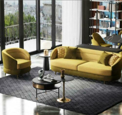Canapé design Lounge velours Canapé en velours 3+1 places Canapé en velours jaune de salon