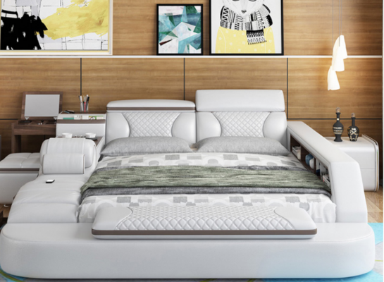 Lit de luxe en cuir Lit 180x200 Lit multifonction de chambre à coucher avec étagères