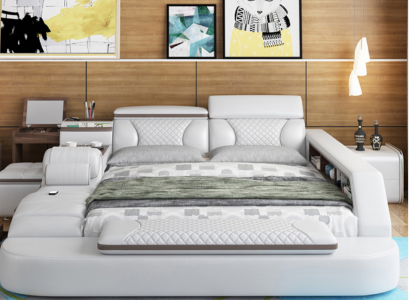 Lit de luxe en cuir Lit 180x200 Lit multifonction de chambre à coucher avec étagères
