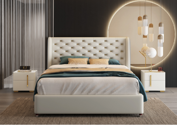 Conception de la literie de lit de luxe double en cuir pour chambre de sommeil d'hôtel moderne.