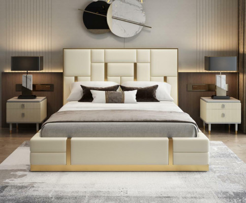 Lit de luxe moderne Chambre à coucher en cuir italien Deux lits en métal.