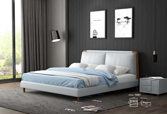 Lit double moderne 180x200 en design cuir blanc sur pieds en bois