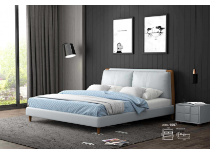 Lit double moderne 180x200 en design cuir blanc sur pieds en bois